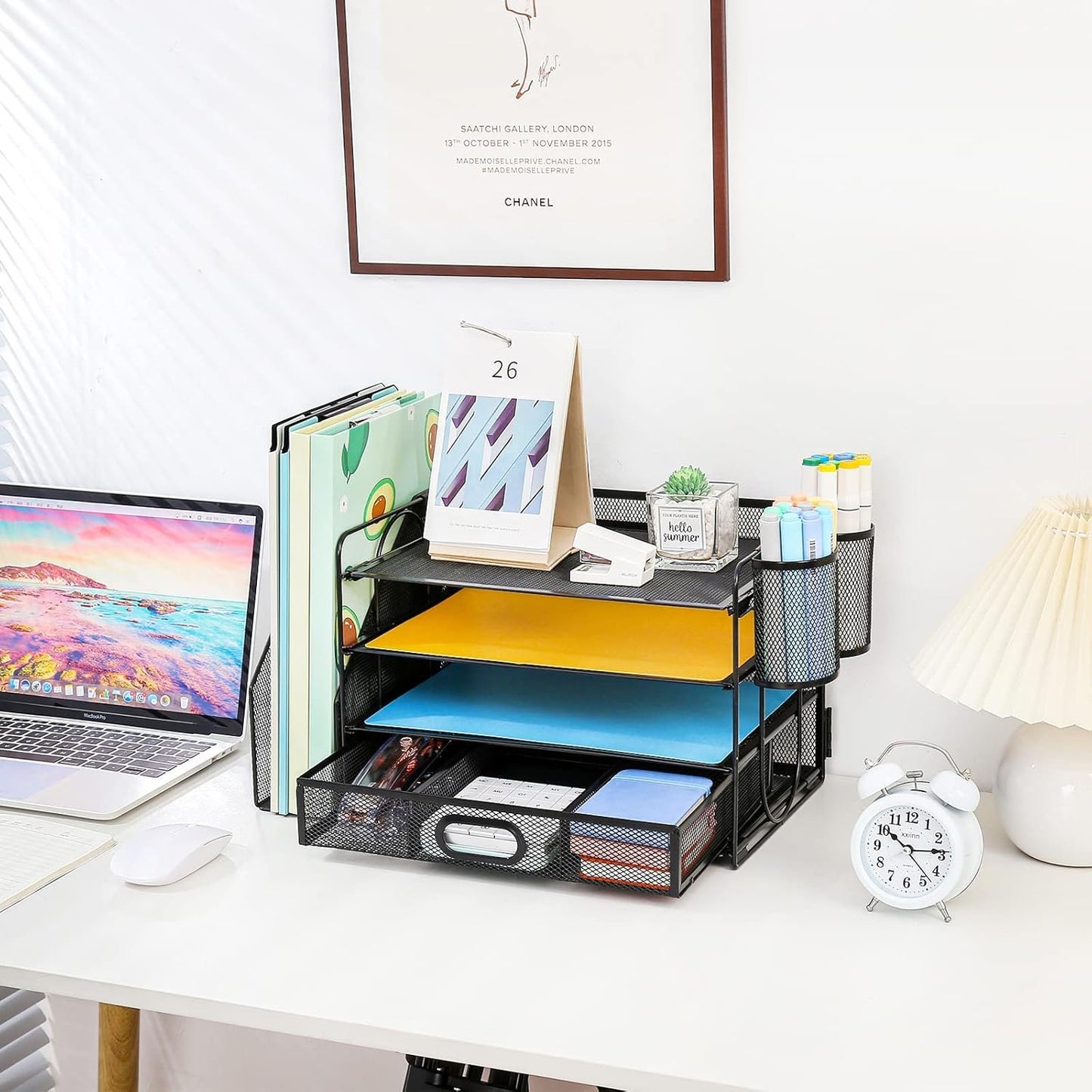 Desk Organizer with File Holder, 4-Tier Letter Paper Tray Organizer with Drawer & 2 Pen Holders, Desk Organizers and Accessories, Mesh Desktop File Organizer and Storage for Office Supplies