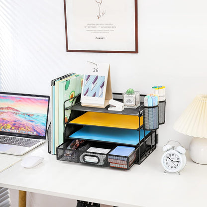 Desk Organizer with File Holder, 4-Tier Letter Paper Tray Organizer with Drawer & 2 Pen Holders, Desk Organizers and Accessories, Mesh Desktop File Organizer and Storage for Office Supplies