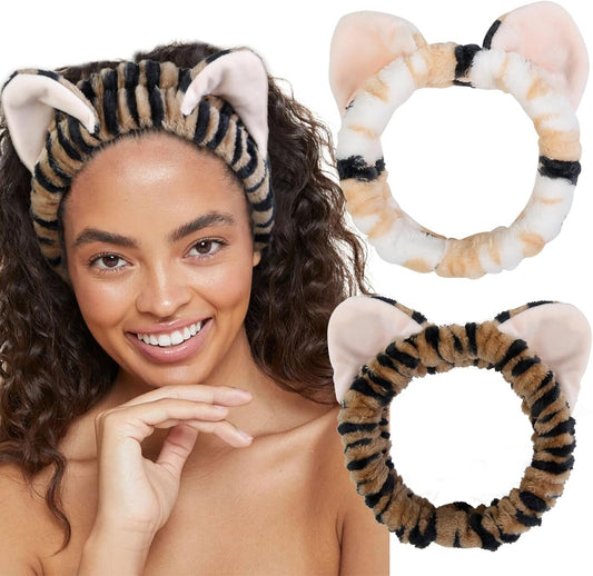 TEBIEKOY Plush Cat Ears Spa Headband For Washing Face Skincare Makeup, Elastic Animal Headbands for Women Girls Soft Coral Fleece Facial Wash Hair Accessories Trendy Stuff Gifts, 2PCS