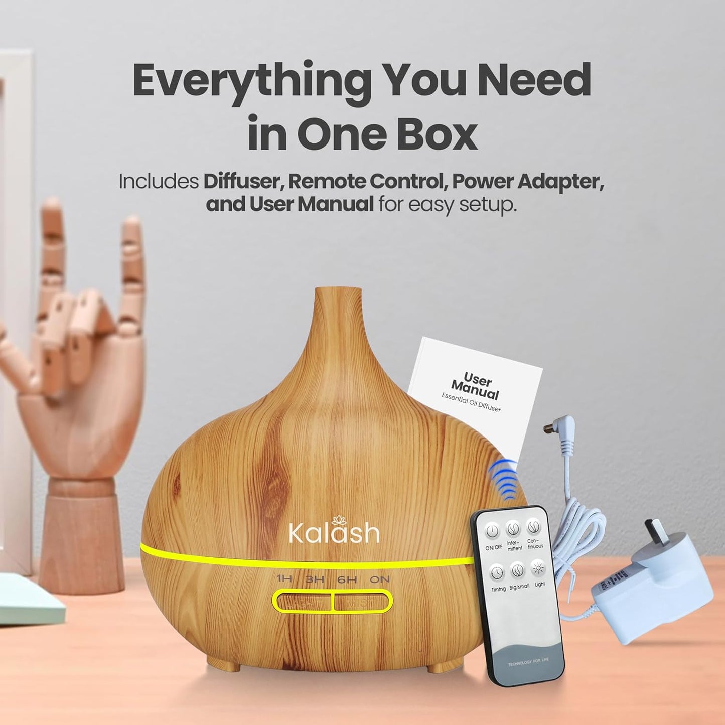 Kalash 500ml Essential Oil Diffuser & Humidifier – Ultrasonic Cool Mist Aroma Diffuser with Remote, 7 LED Lights, Timer, Auto Shut-Off | Oil Diffuser for Home, Yoga, Spa, Bedroom – Light Wood