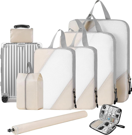 USOR 8 Set Compression Packing Cubes for Travel Expandable Packing Organizers Travel Essentials for Suitcase Water-Resistant Luggage Organizer Bags Set with Electronic Accessories Bag Beige