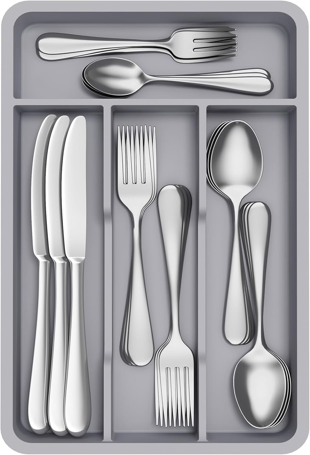 Lifewit Silverware Tray, Cutlery Drawer Organizer Storage for Kitchen, Plastic Flatware Utensil Holder Divider for Spoons Forks Knives Tableware, 4 Compartment, Gray