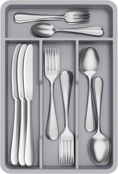 Lifewit Silverware Tray, Cutlery Drawer Organizer Storage for Kitchen, Plastic Flatware Utensil Holder Divider for Spoons Forks Knives Tableware, 4 Compartment, Gray