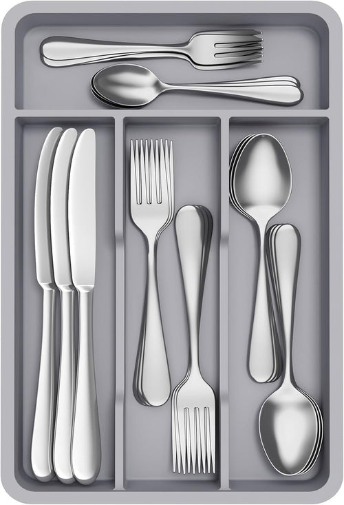 Lifewit Silverware Tray, Cutlery Drawer Organizer Storage for Kitchen, Plastic Flatware Utensil Holder Divider for Spoons Forks Knives Tableware, 4 Compartment, Gray