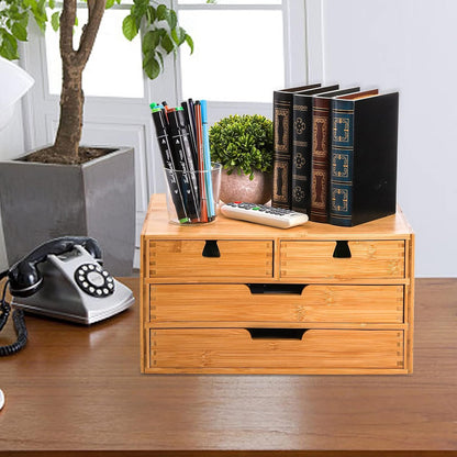DEAYOU Bamboo Desk Organizer, 100% Natural Bamboo Desktop Drawer Organizer, Tabletop Storage Cabinet Organization Box with 4 Drawers for Makeup, Letter, Home Office Supplies, 3-Layer, Fully Assembled
