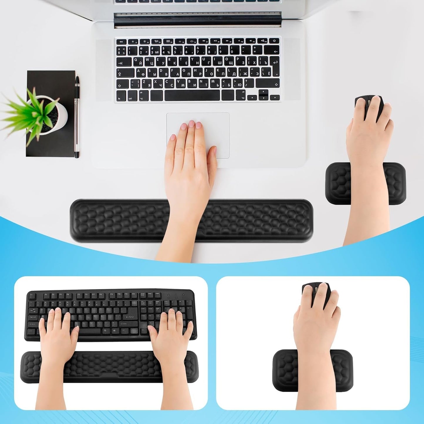 Hcskoss Keyboard Mat Set - Keyboard Wrist Rest Elbow Rest Pad Keyboard Mat Ergonomic Keyboard Mouse Pad with Wrist Support,Soft Memory Foam & Anti-Slip Base & Pain Relief for Office,Computer Gaming