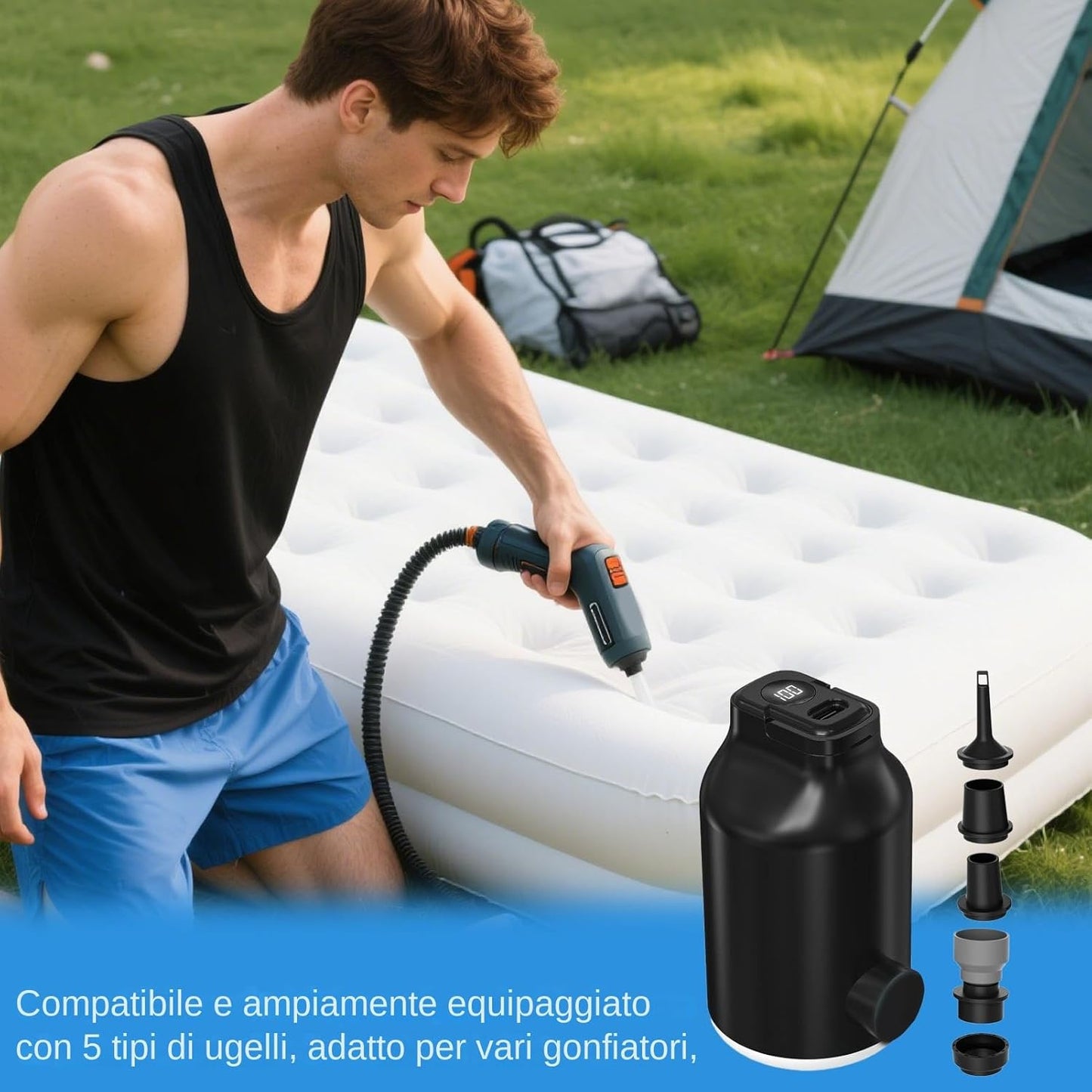Air Pump, Electric LED Inflator, Portable Five-Nozzle Design, Compact Lightweight Build, Portable Blower for Sleeping Bags, Swimming Gear, Travel, Camping Use, 2.05x3.74 Inches