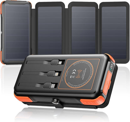 SOARAISE Wireless Solar Power Bank, 25000mAh Solar Charger with Built-in 3 Cables, Dual Outputs, 4 Solar Panels & 3 LED Flashlights Battery Pack for Outdoor Camping