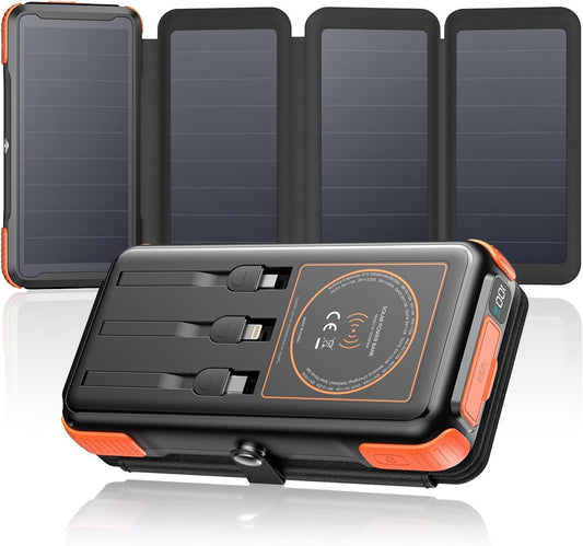 SOARAISE Wireless Solar Power Bank, 25000mAh Solar Charger with Built-in 3 Cables, Dual Outputs, 4 Solar Panels & 3 LED Flashlights Battery Pack for Outdoor Camping