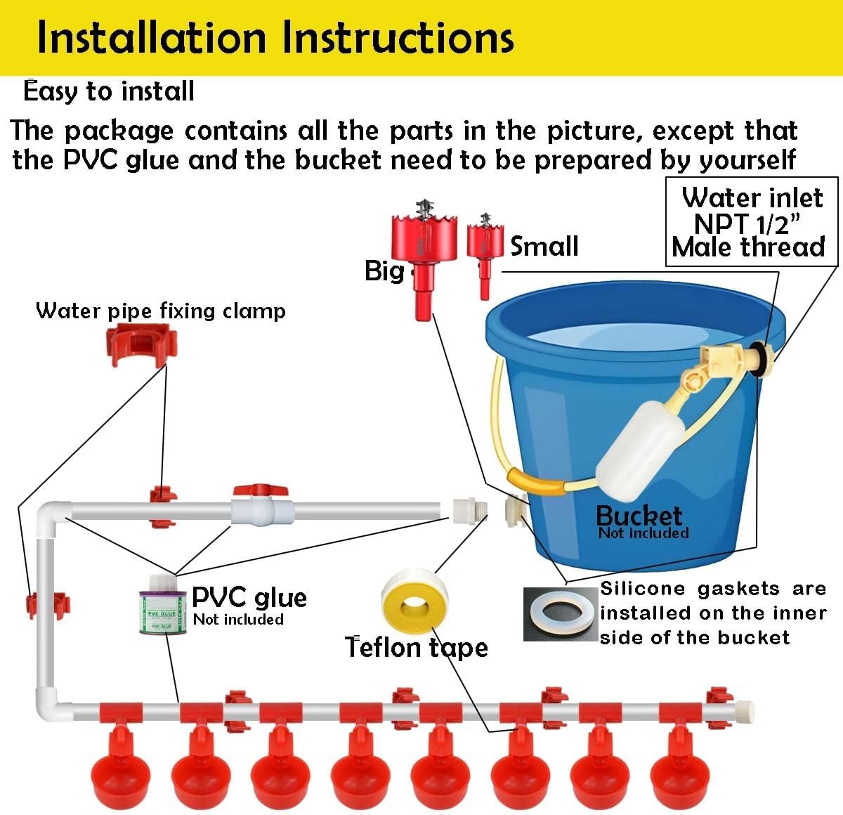 Automatic Chicken Waterer System,Complete PVC Pipelines Chicken Watering System, with Chicken Water Cups,1/2" PVC Tee Fittings & Pipe,Poultry Waterer Feeder Kit,Duck,Goose,Quail
