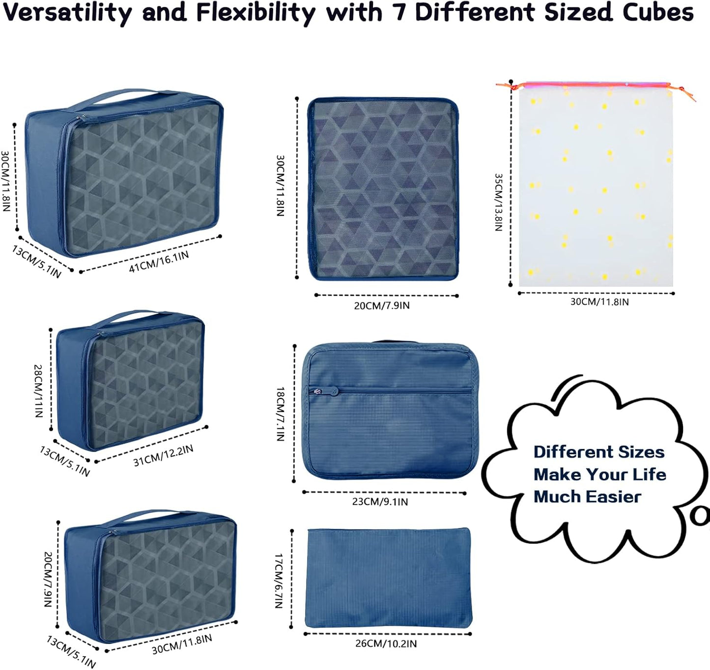 Sciphylia Luggage Organizer Suitcase Organizer Set of 10 Waterproof Travel Organizer Bags Travel Packing Cubes Useful Accessories for Cosmetic Clothes Shoes Underwear Navy Blue