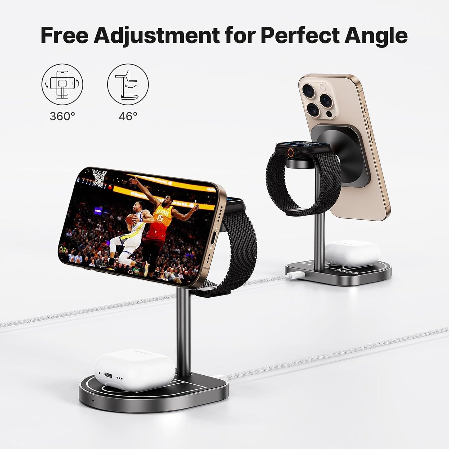 KU XIU X85 3-in-1 Wireless Charging Station, Magnetic Charger Stand with Mini Basketball Hoop for iPhone 16/15/14/13/12, 5W Fast Charging for Apple Watch S10/Ultra/9/8/7, AirPods 4/3/2/Pro - Black
