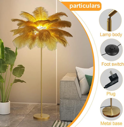 Floor Lamps for Living Room Bright Lighting with Feather Lampshade, Modern Ostrich Feather Floor Lamp with LED Bulbs Standing Lamp for Beroom, Office,Gold,Large