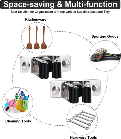 Mop and Broom Holder Wall Mount, 2PCS Heavy Duty Stainless Steel Broom Hanger Wall Mounted Broom Organizer Garage Organization Tool Organizer Storage for Laundry Room Home Garden Garage