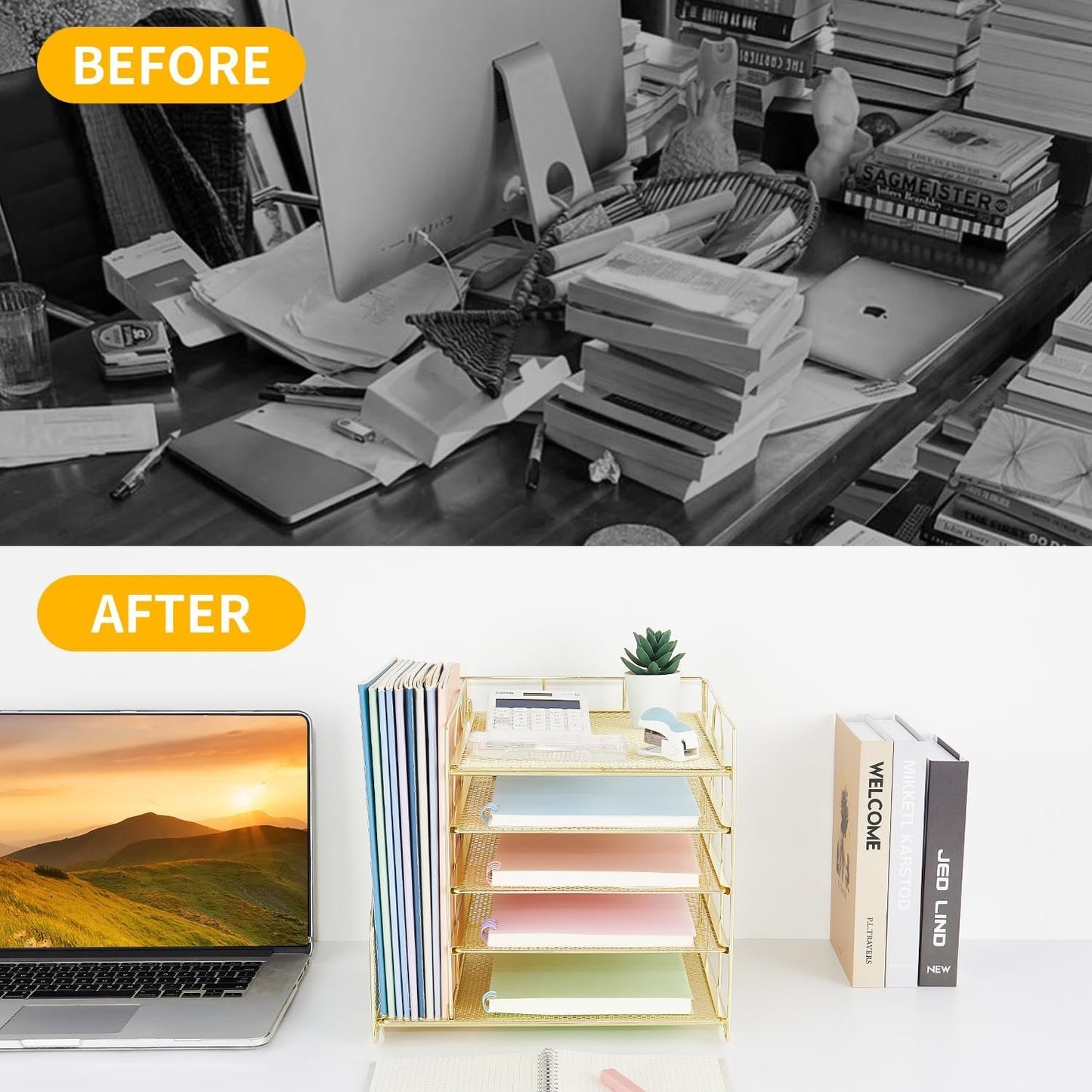 LEKETREE Desk Organizers and Accessories, 5-Tier Paper Letter Tray Organizer with File Holder, Desktop Organizer for Office Supplies, Office Desk Accessories & Workspace (Gold)