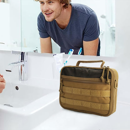 SMONT Tactical Toiletry Bag for Men, 9.5" Hanging Dopp Kit Shaving Hygiene Bag for Traveling Bathroom, Brown, Multifunctional