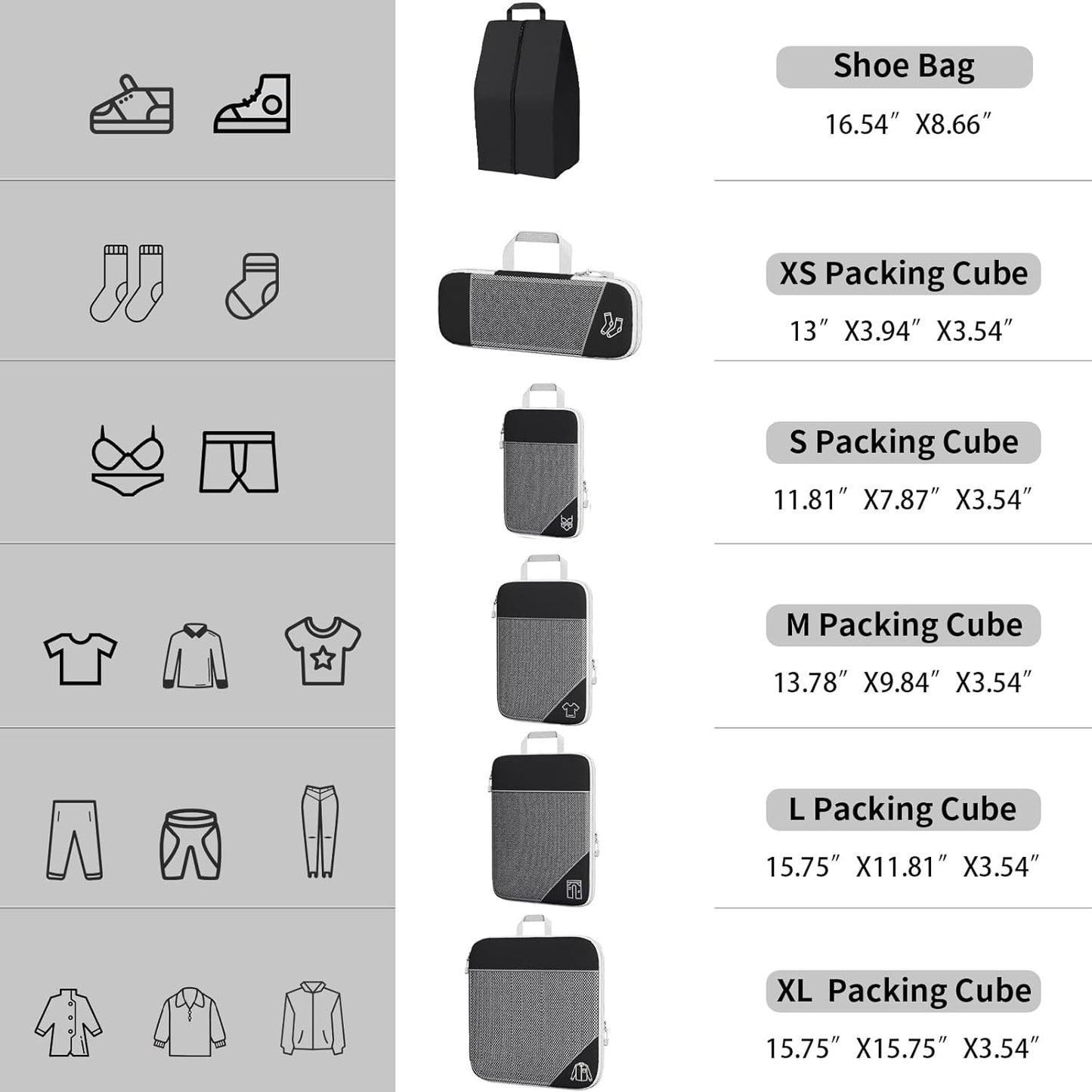 SINZUX 6 PCS Compression Packing Cubes, Black Extensible Ultralight Packing Cubes for Suitcases, Suitcase Organiser Bags Set, Travel Cubes Organiser Bags Packing Cubes for Suitcases Backpack Luggage