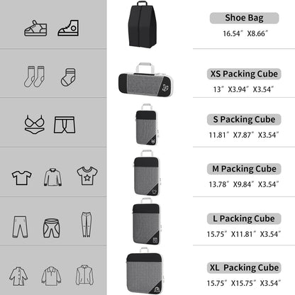 SINZUX 6 PCS Compression Packing Cubes, Black Extensible Ultralight Packing Cubes for Suitcases, Suitcase Organiser Bags Set, Travel Cubes Organiser Bags Packing Cubes for Suitcases Backpack Luggage