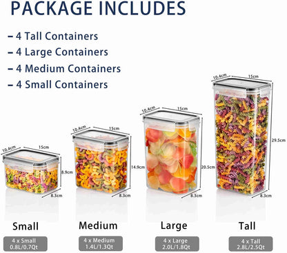 Feshory 16 Pack Airtight Food Storage Containers Set for Kitchen & Organisation - Pantry Storage Organiser, Cereal Storage Containers with 100% Leak-Proof Lids Ideal for Dry and Wet Food