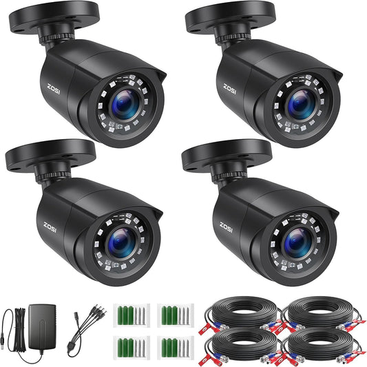 ZOSI 4 Pack 2MP HD Security Cameras Kit, Home CCTV Bullet Camera for 4K/5MP/1080P HD-TVI Analog DVR System, 80ft Night Vision, for Indoor Outdoor(Black)