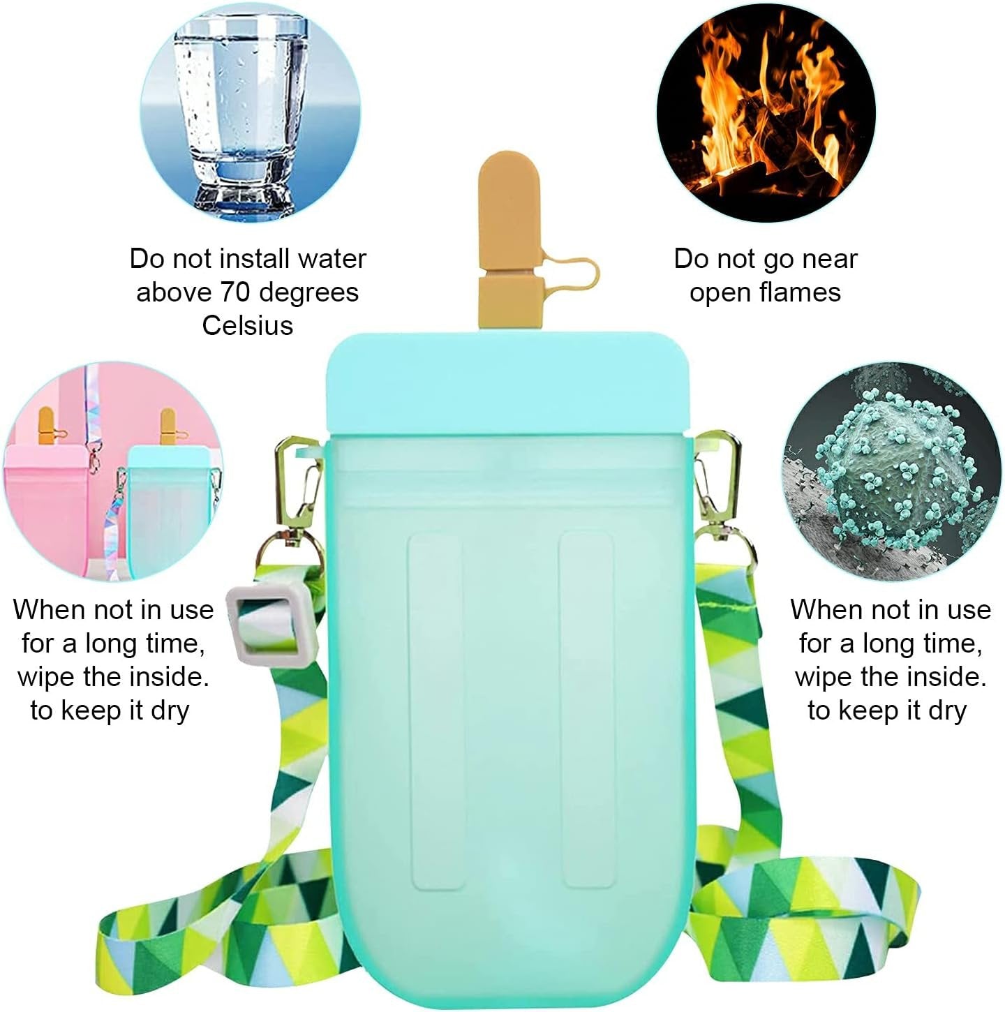 Popsicle Water Bottle with Strap, Creative Kawaii Water Bottle with Straw for Kids Transparent Water Jug Juice Drinking Cup Suitable for Camping Outdoor Travel Kids School 300ML