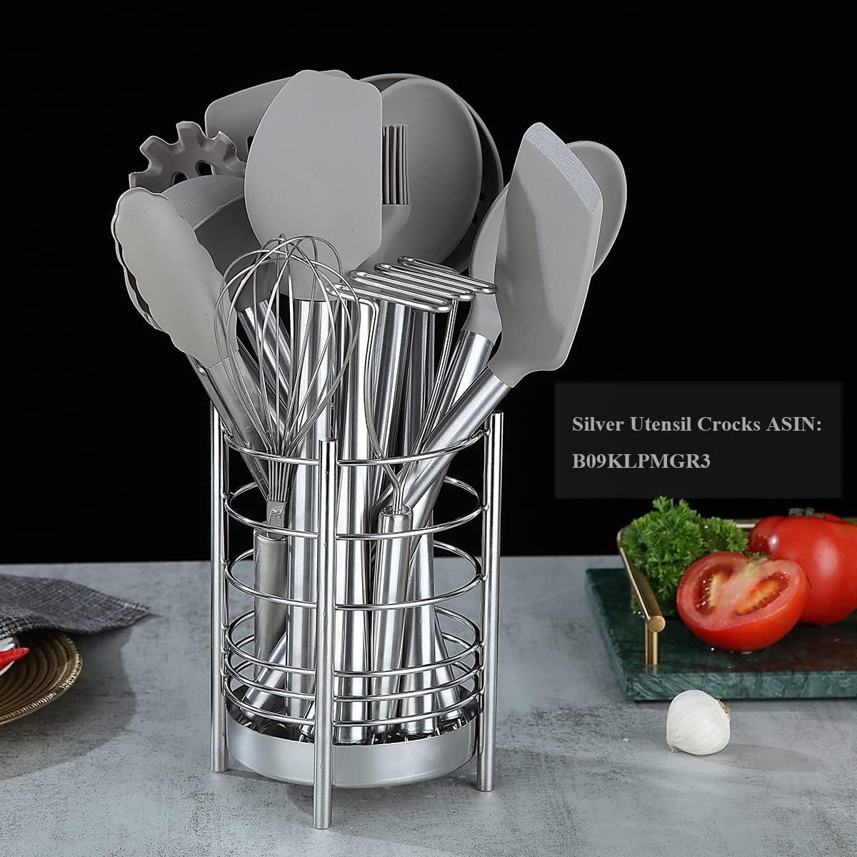 38 Pieces Kitchen Utensil Set with Utensil Holder, Silicone Head and Stainless Steel Handle Pots, Kitchen Utensils, Non-Stick Kitchen Gadgets, Dishwasher Safe (Silver)