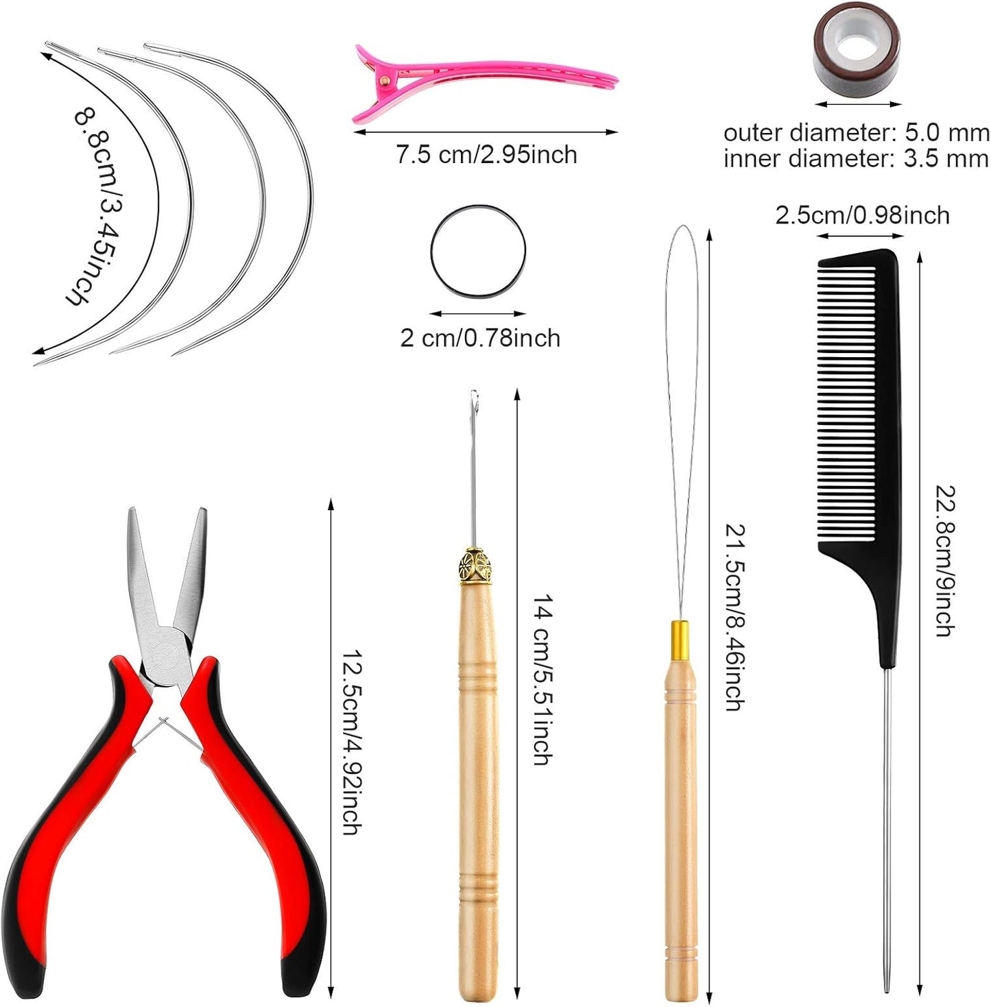 Chuangdi Hair Extension Tools Kit, 600 Silicone Lined Micro Ring Beads 1 Pliers 2 Hook Needle Pulling Loop 10 Curved Hair Needle 4 Alligator Clips 1 Comb 100 Black Mini Rubber Band