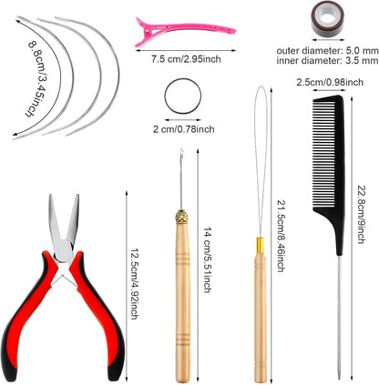 Chuangdi Hair Extension Tools Kit, 600 Silicone Lined Micro Ring Beads 1 Pliers 2 Hook Needle Pulling Loop 10 Curved Hair Needle 4 Alligator Clips 1 Comb 100 Black Mini Rubber Band