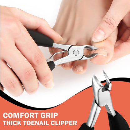 BEZOX Toenail Tool Kit 4PCS Nail Care Set for Ingrown Toenails – Curved Head Toe Nail Clippers for Seniors for Thick Nails, Thick Toenail Clippers, Long Nail File & Dual-Ended Lifter - Black