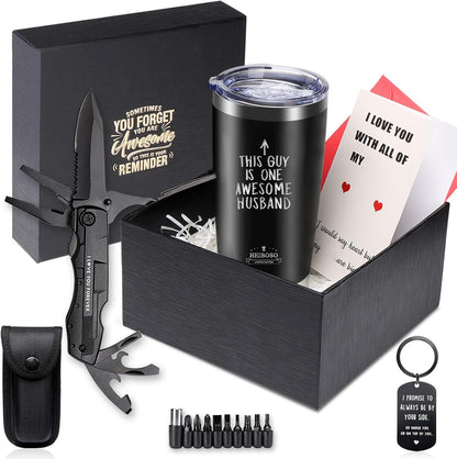 Husband Gift Box - Premium Insulated Tumbler & Multi-Tool Pocket Knife Set with Keychain & Greeting Card - Perfect Valentine's Day, Anniversary, Birthday Gift for Him - Mens Wedding Keepsake Box