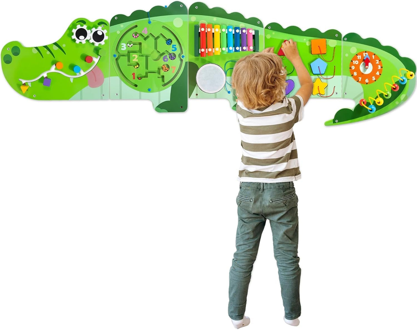 HELLOWOOD Crocodile Activity Wall Panels, 9-in-1 Wall-Mounted Crocodile Busy Board Wooden Montessori Educational Sensory Board Playroom Wall Toys Daycare Learning Toy for Girls Boysâ€¦