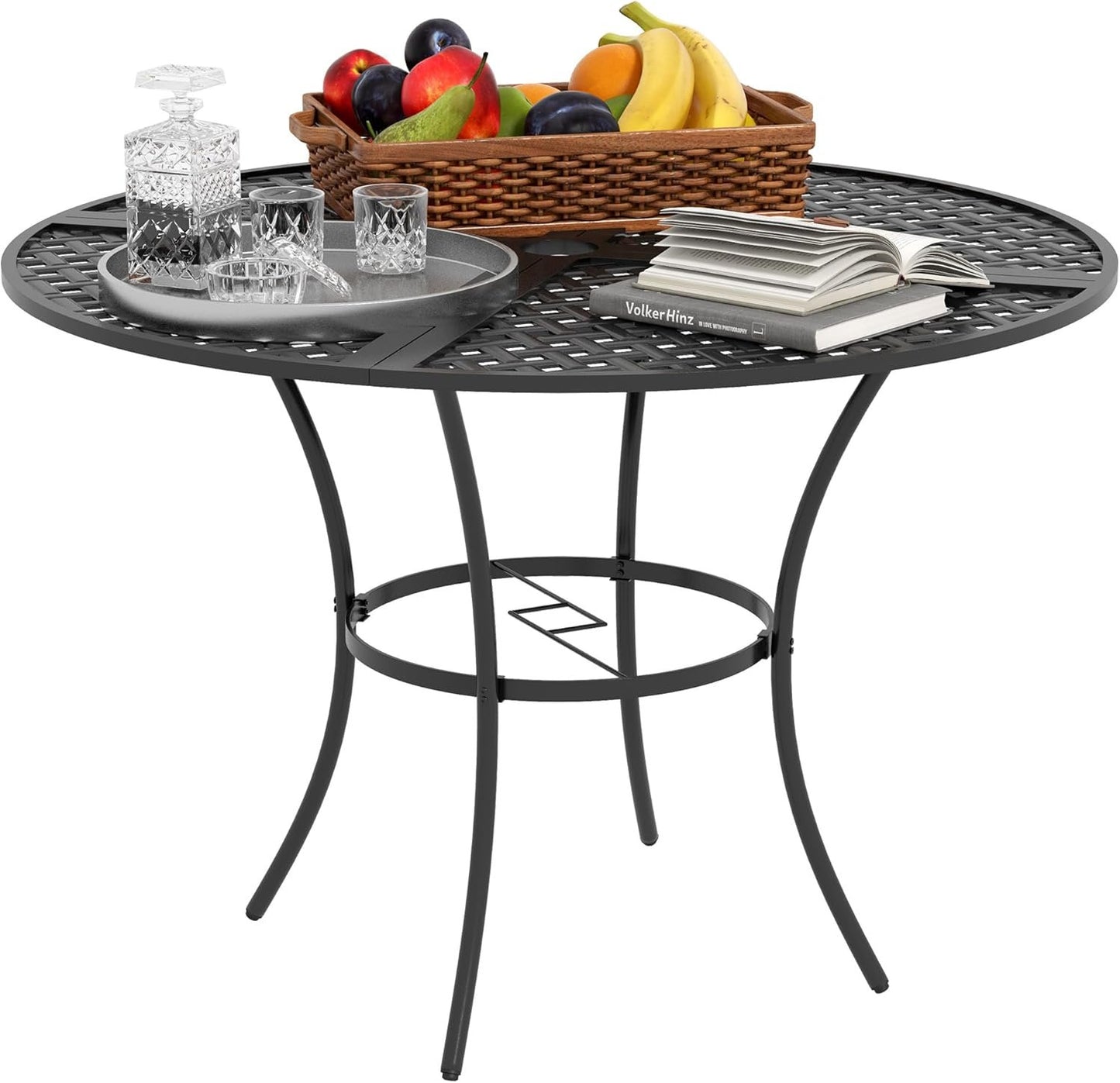 Outsunny 42" Round Outdoor Dining Table for 4 Persons, Metal Patio Dining Table with Umbrella Hole and Steel Frame for Backyard, Lawn, Balcony, Pool, Black