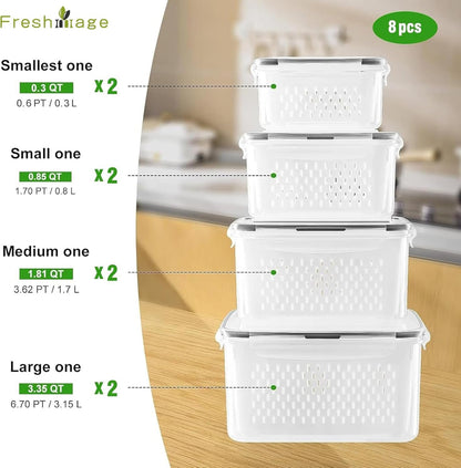 4 PCS Fruit Storage Containers for Fridge with Removable Colander, Airtight Food Storage Container, Dishwasher Safe Produce Saver Container for Refrigerator, Keep Berry Fruit Vegetable Fresh Longer