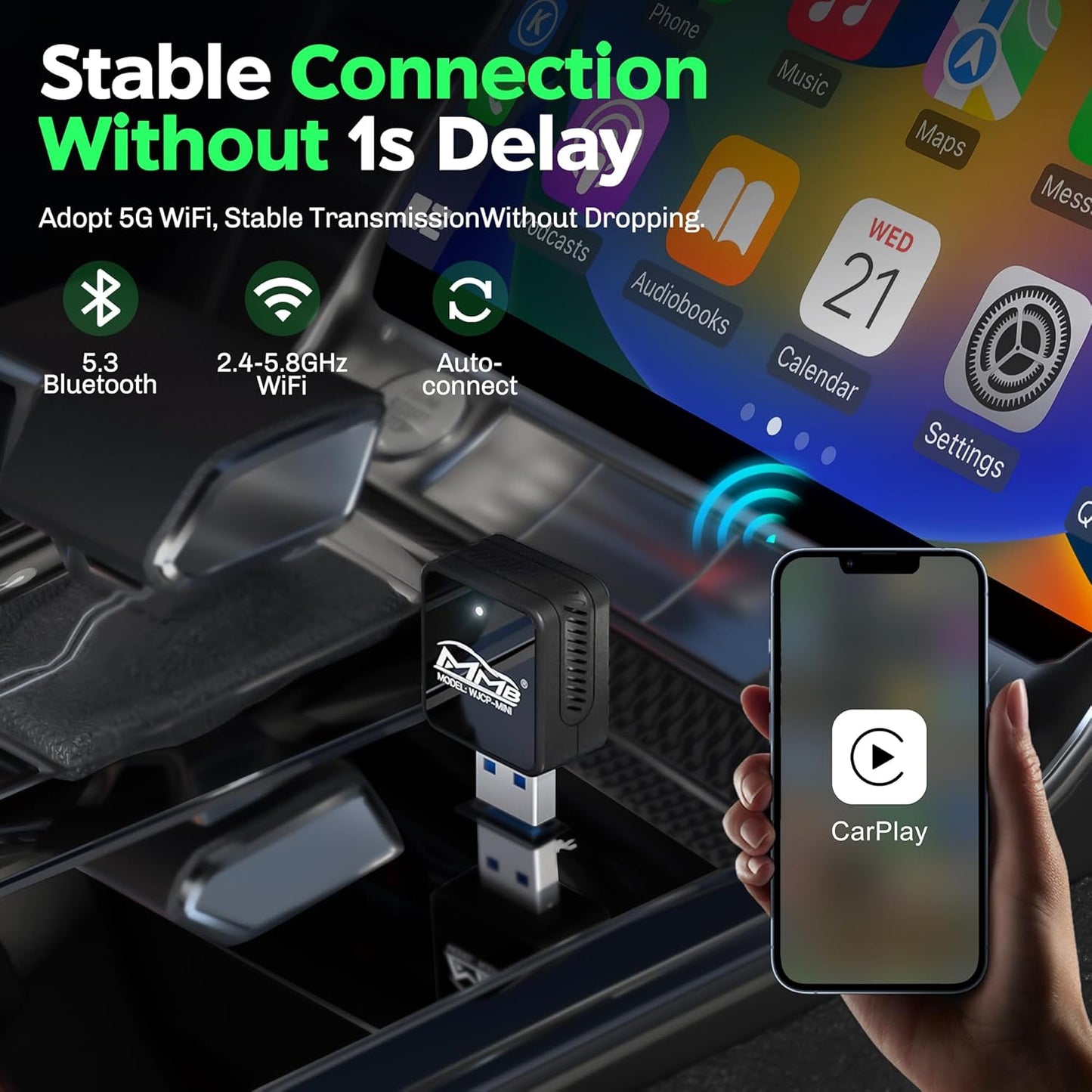 MMB WJCP-MINI CarPlay 2024 Wireless Upgrade Adapter CarPlay Adapter Dongle, Converts Factory Wired CarPlay to Plug and Wireless Gaming, with Car CarPlay and iOS 10+