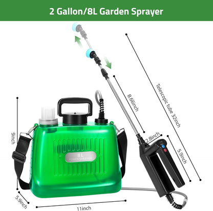 Electric Garden Sprayer, Upgraded 2 Gallon Battery Powered Sprayer with 3 Adjustable Speed, Battery Indicator, 4 Mist Nozzles, 32" Retractable Wand, USB Rechargeable Weed Sprayer for Lawn Garden Yard
