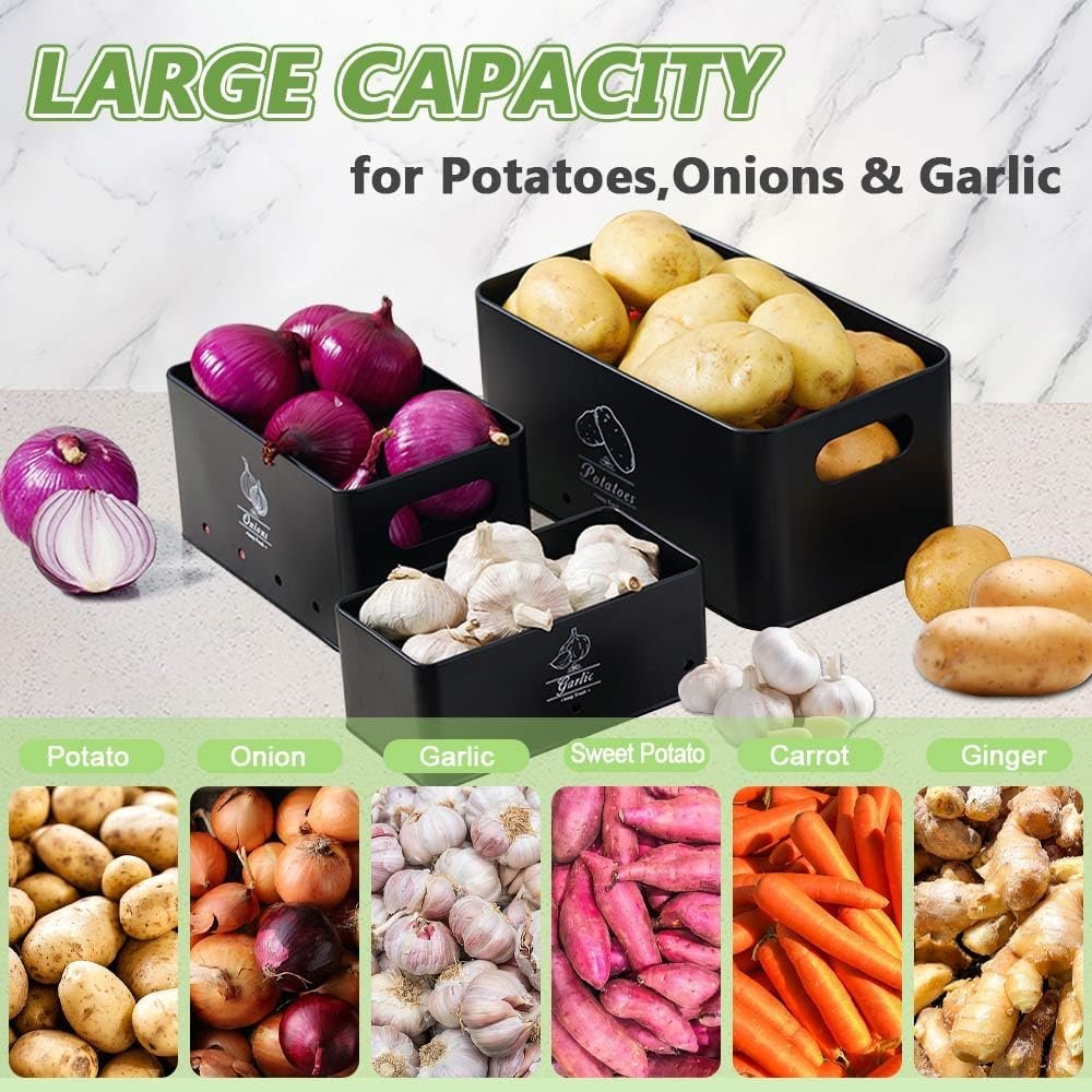 8PCS Kitchen Vegetable Storage Containers,Potato and Onion Garlic Storage Bin with Peeler,Slicer,Masher,Garlic Press & Cloth, Carbon Steel Potato Storage Box with Airflow & Wooden Lid (Black)