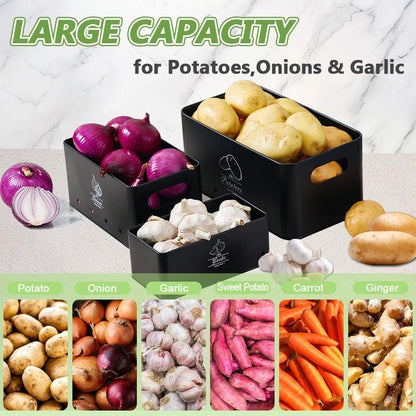 8PCS Kitchen Vegetable Storage Containers,Potato and Onion Garlic Storage Bin with Peeler,Slicer,Masher,Garlic Press & Cloth, Carbon Steel Potato Storage Box with Airflow & Wooden Lid (Black)