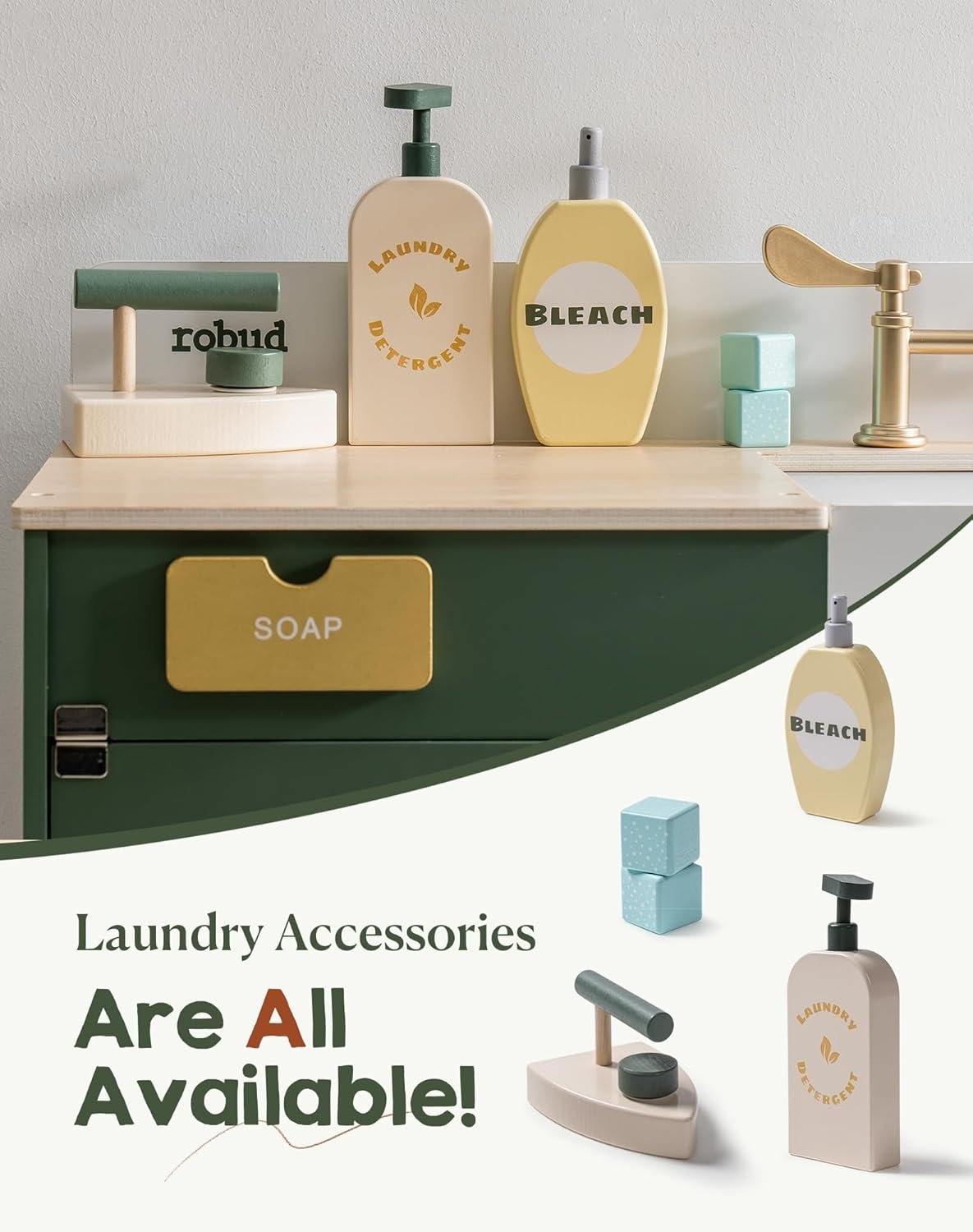 ROBUD Kids Play Kitchen - Wooden Multi-Function Washing Machine for Kids Kitchen Playset - Pretend Toddlers' Kitchen Toy Washer with Accessories - Perfect Baby Gift for Ages 3-8