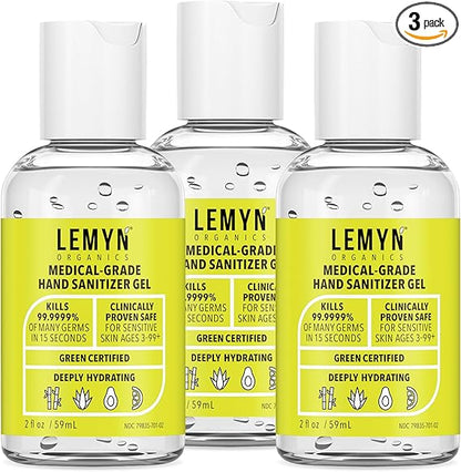 Medical Grade Hand Sanitizer Gel - 97% ORGANIC - 2 FL.OZ. PACK OF 3
