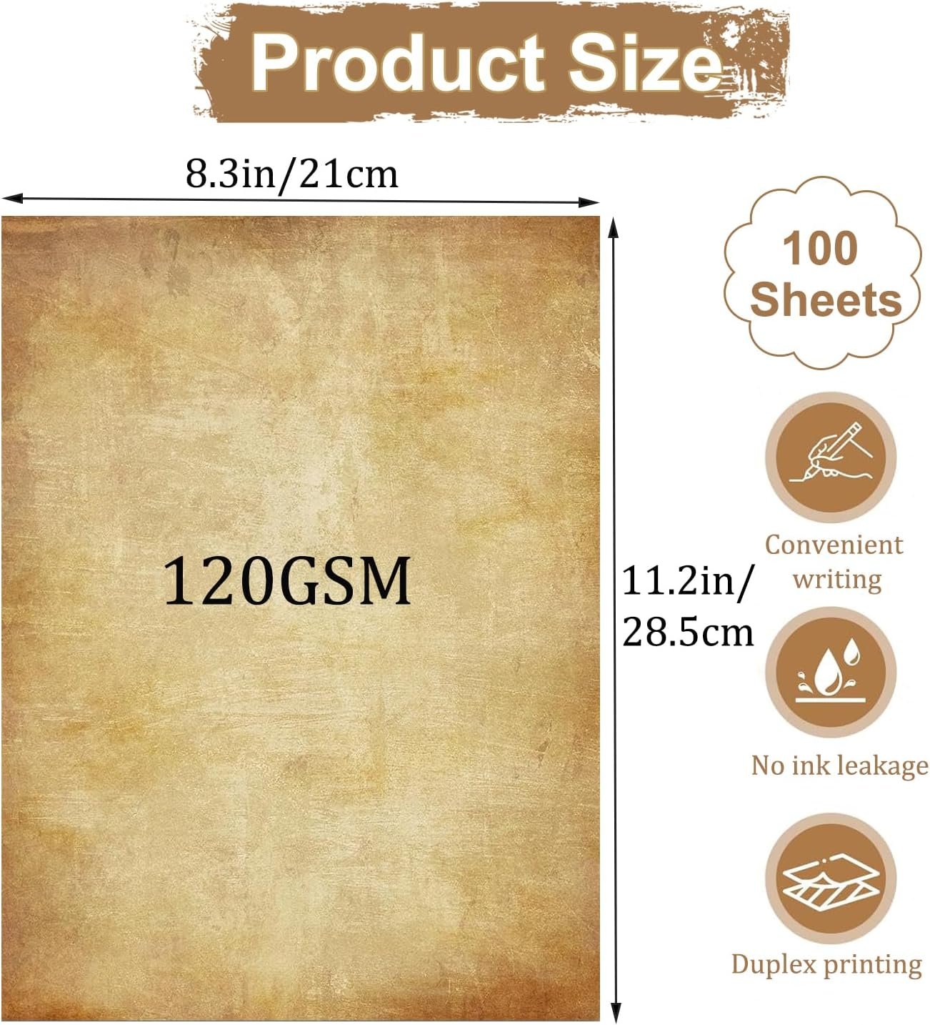 Acidea 100 Sheets Vintage Stationery Paper, 120GSM Thicker A4 Vintage Double Side Printing Papers, Antique Textured Looking Letterhead Paper for Resume, Diploma, Writing, Certificates