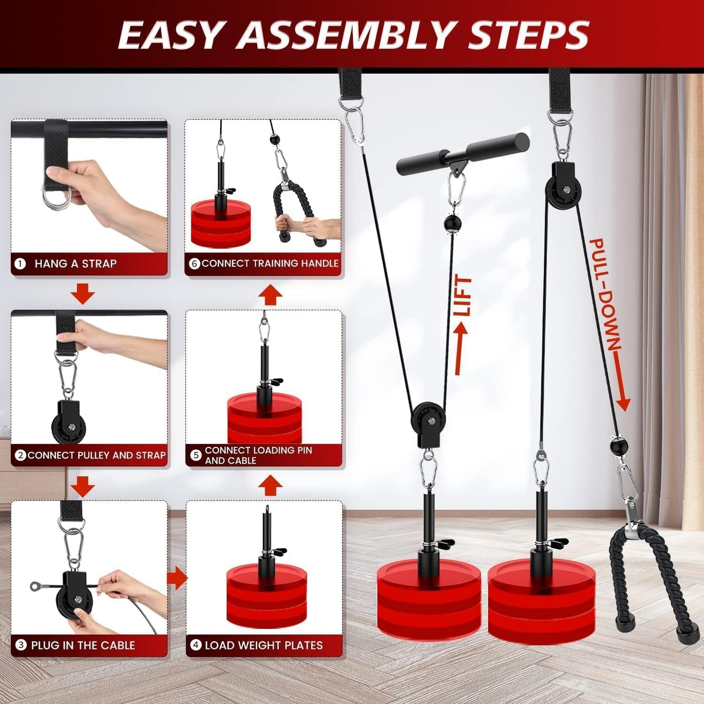 Cable Pulley System Gym, Upgraded Weight Pulley System with 3 Detachable Handles, LAT and Lift Pulley Attachments for Biceps Curl, Triceps, Chest Workout - DIY Home Gym Fitness Equipment