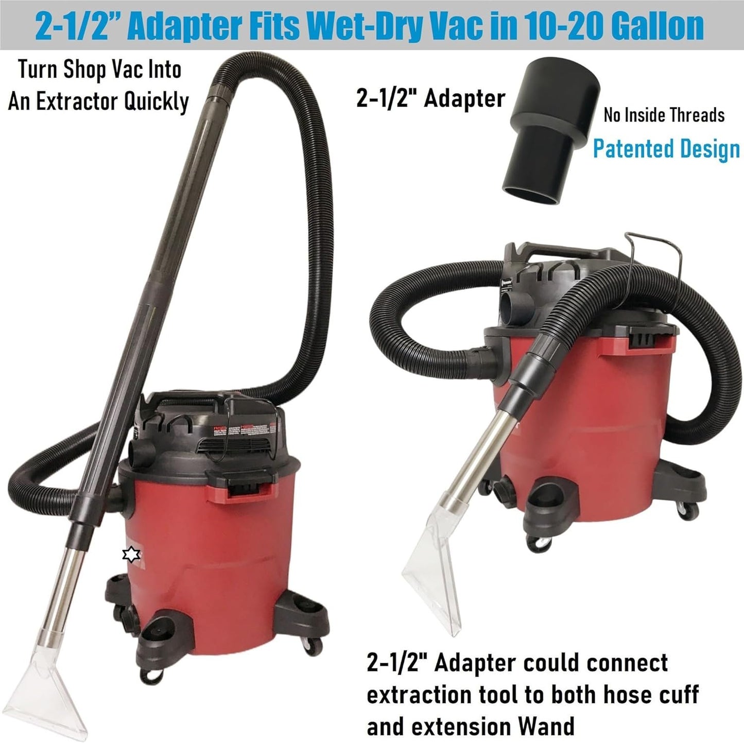 Happy Tree Universal Fit All Shop Vacs with 2-1/2" and 1-7/8" and 1-1/4" Adapters, Large 7-1/2" Extraction Accessory for Upholstery & Carpet Cleaning and Auto Detailing, Shop Vac Extractor Attachment