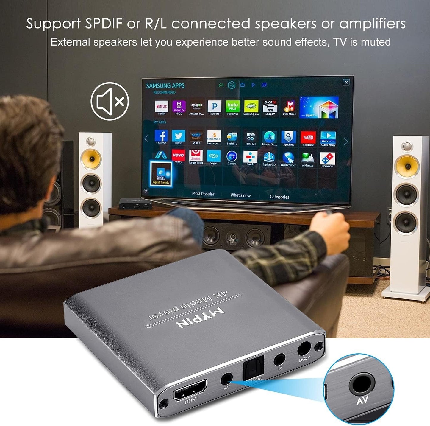 4K Media Player with Remote Control,Digital MP4 Player for 8TB HDD/USB Drive/TF Card/H.265 MP4 PPT MKV AVI Support HDMI/AV/Optical Out and USB Mouse/Keyboard-HDMI up to 7.1 Surround Sound…