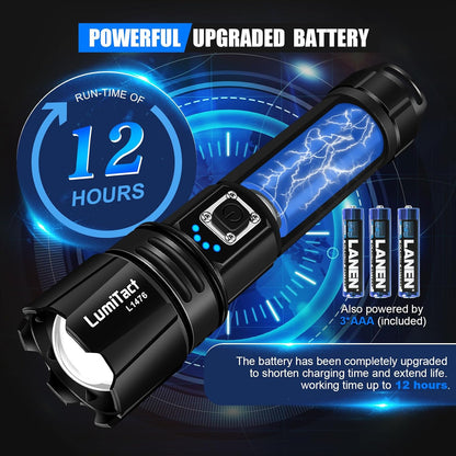Lumitact LED Torch Rechargeable Flashlight, 30000 Lumens Super Bright Torch Light, USB Powerful Handheld Torches, Waterproof Tactical Flash Light for Emergency Camping Gift