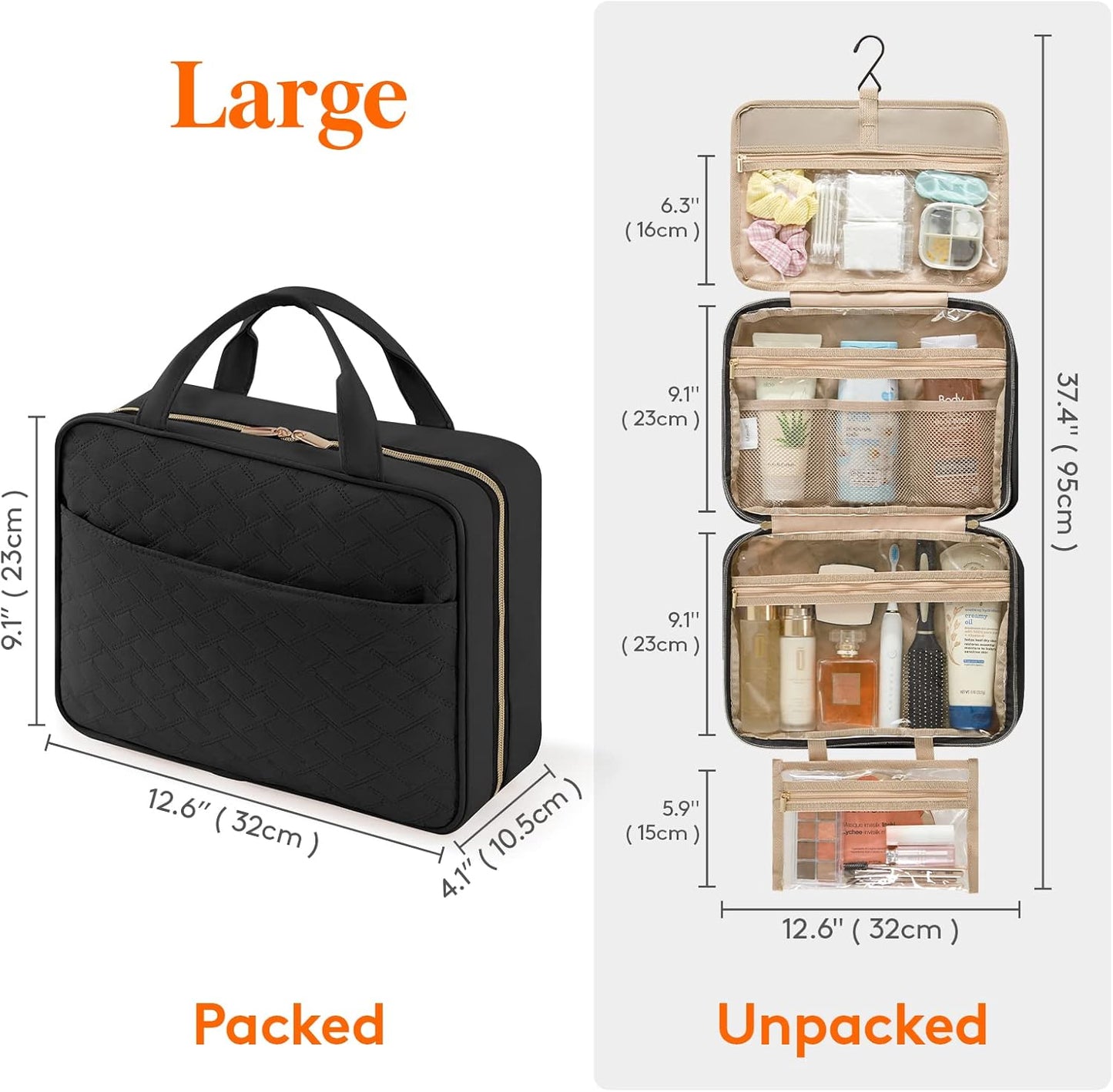 Lifewit Women's Travel Toiletry Bag Large Hanging Makeup Bag Transparent Travel Cosmetic Bag with Hook for Bottles, Toiletries and Makeu, Black