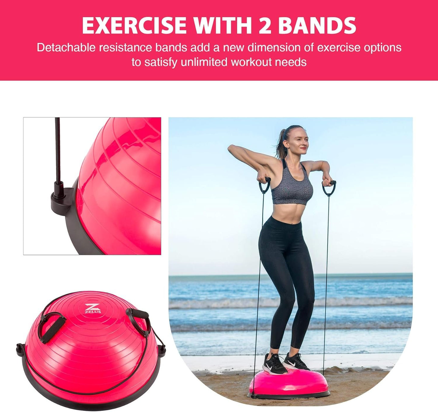 ZELUS 23 Inch Half Exercise Ball Stability Balance Board with Resistance Bands for Yoga Workouts, Home Gym Fitness Equipment for Men and Women, Half Dome Pilates Yoga Ball Trainer with Foot Air Pump