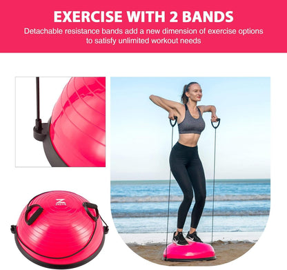 ZELUS 23 Inch Half Exercise Ball Stability Balance Board with Resistance Bands for Yoga Workouts, Home Gym Fitness Equipment for Men and Women, Half Dome Pilates Yoga Ball Trainer with Foot Air Pump
