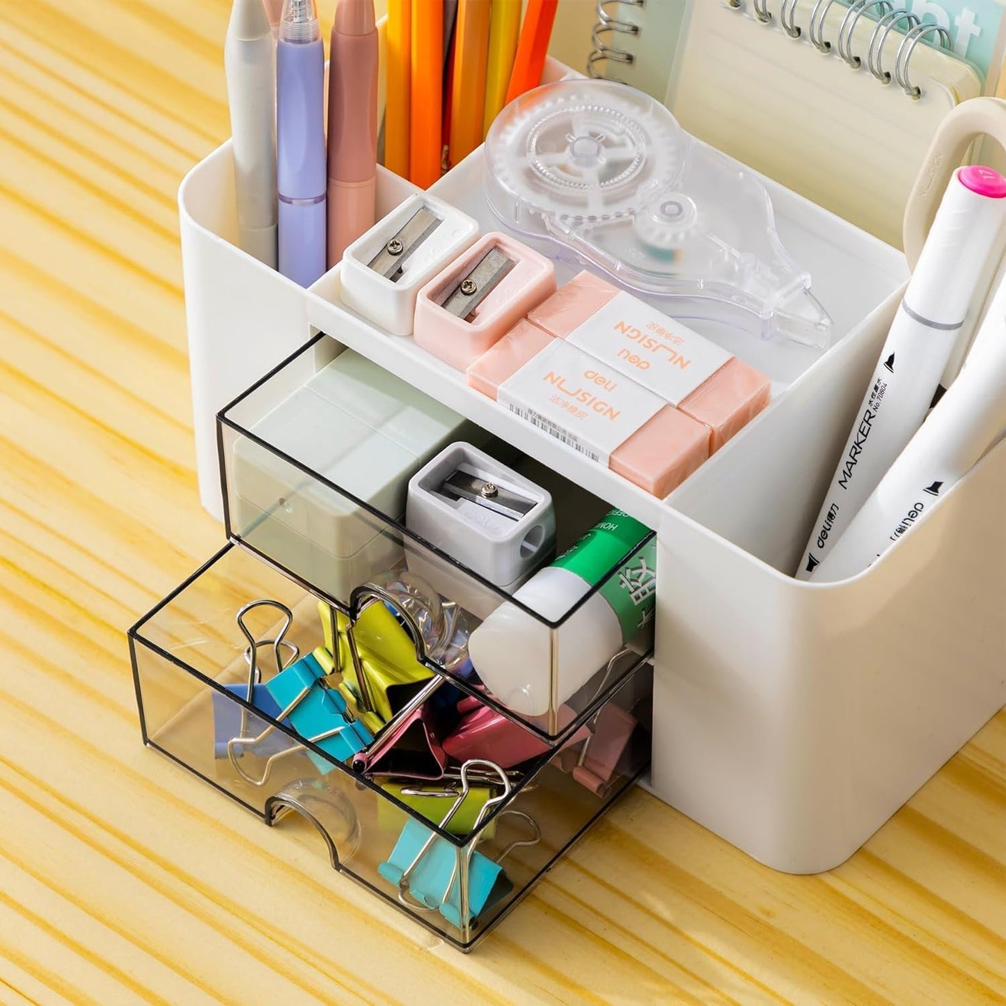 Creative Simple Desk Organiser, 7 Grids, Plastic Table Organiser with Drawer, Multifunctional Desk Organiser, Pen Holder for School, Office, Home (White)