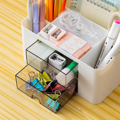 Creative Simple Desk Organiser, 7 Grids, Plastic Table Organiser with Drawer, Multifunctional Desk Organiser, Pen Holder for School, Office, Home (White)