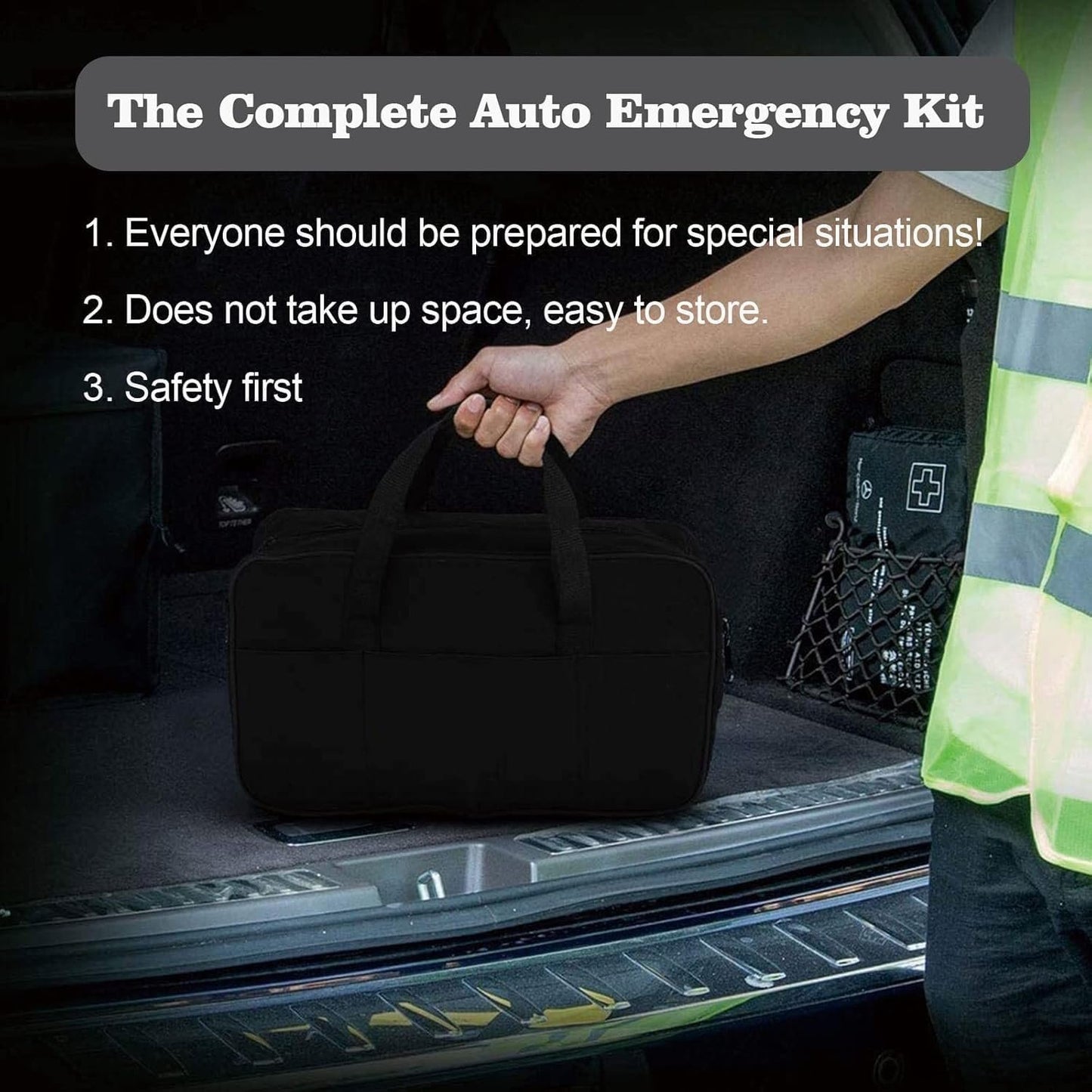 Car Emergency Kit,Multifunctional Roadside Assistance Auto Safety Tool with First Aid Kit, Jumper Cables, Tow Strap, Rain Coat, Tire Pressure Gauge for Your Car, Truck or SUV (Car Emergency Tool2)